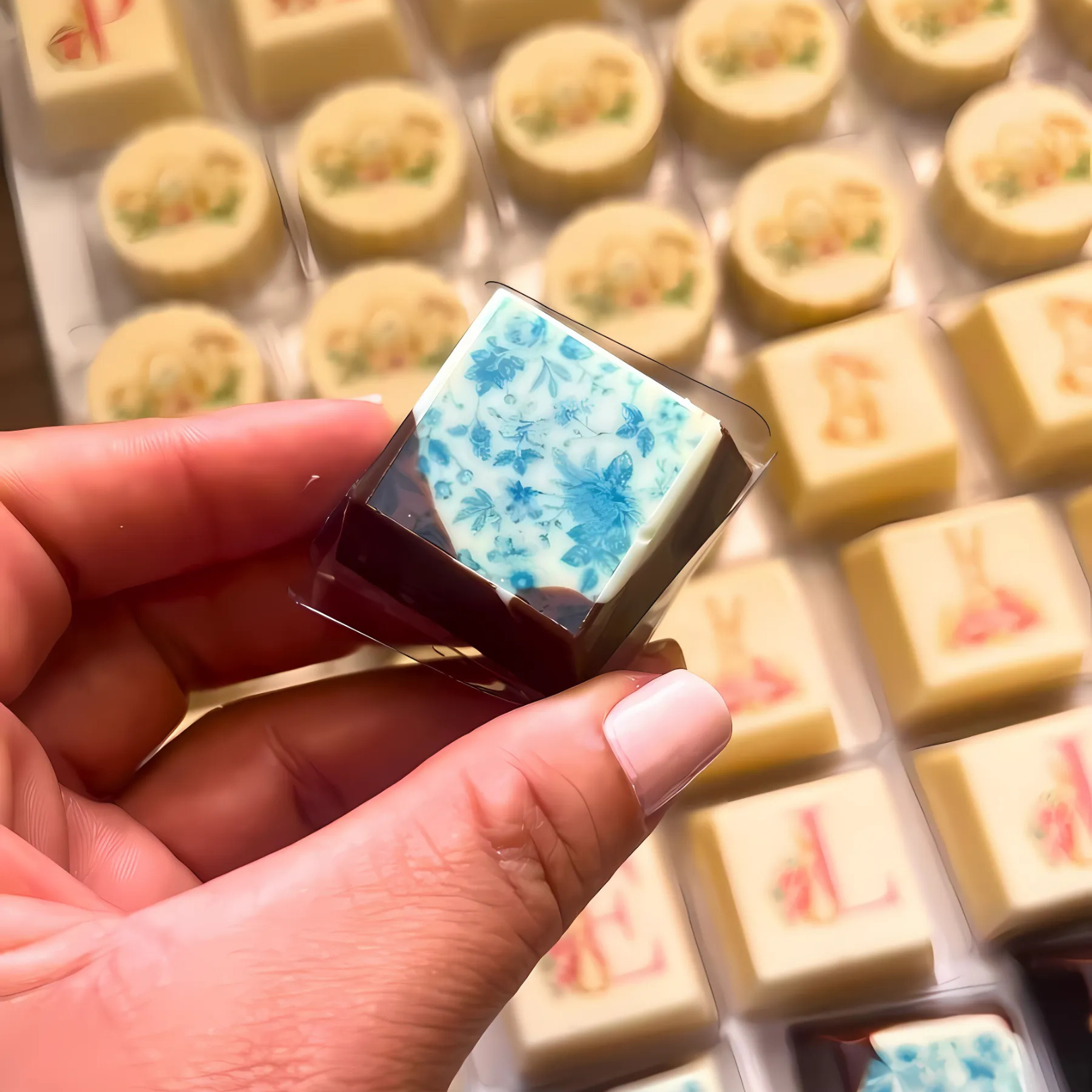 Bombom personalizado com estampa floral azul